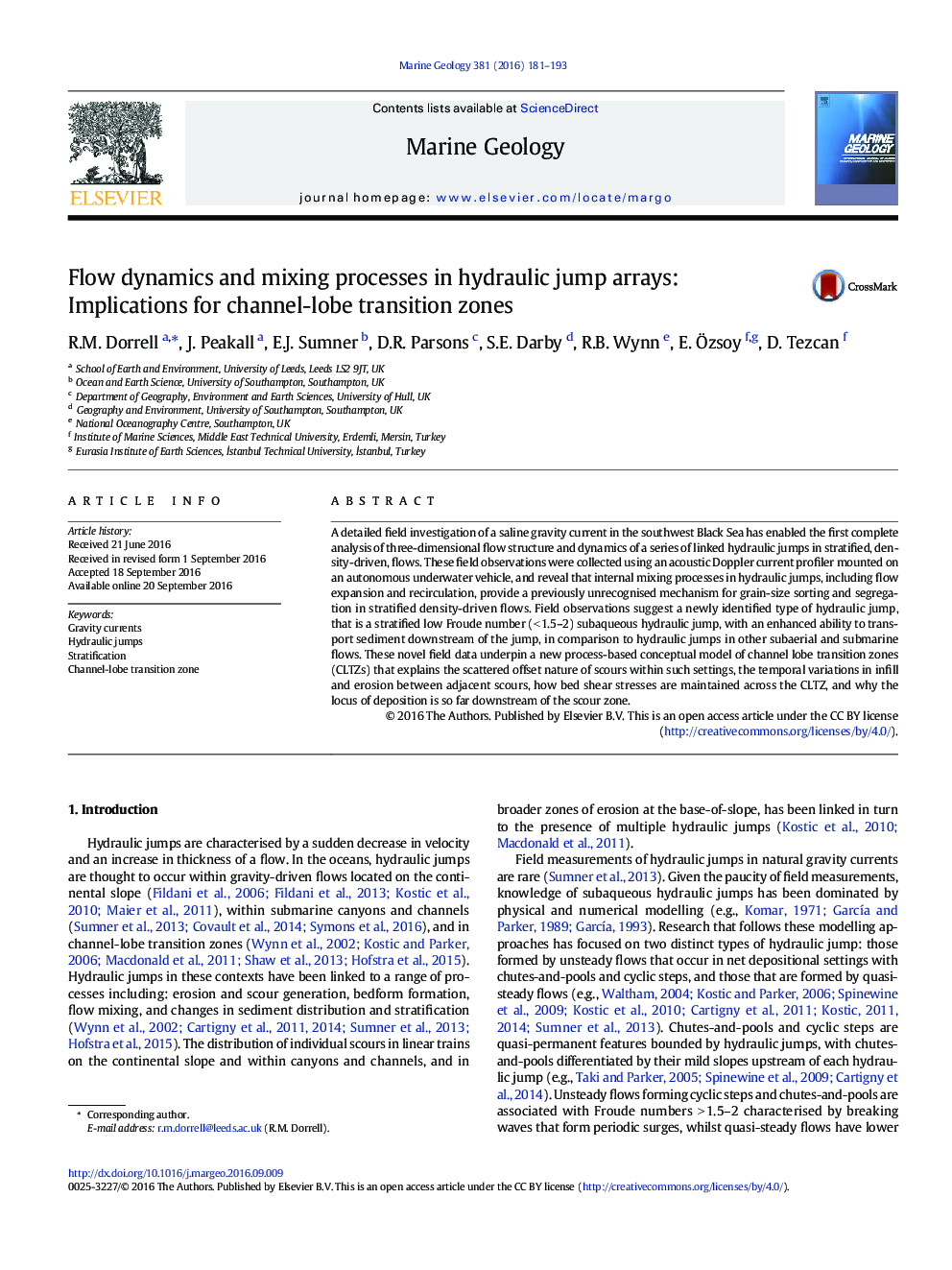 Flow dynamics and mixing processes in hydraulic jump arrays: Implications for channel-lobe transition zones