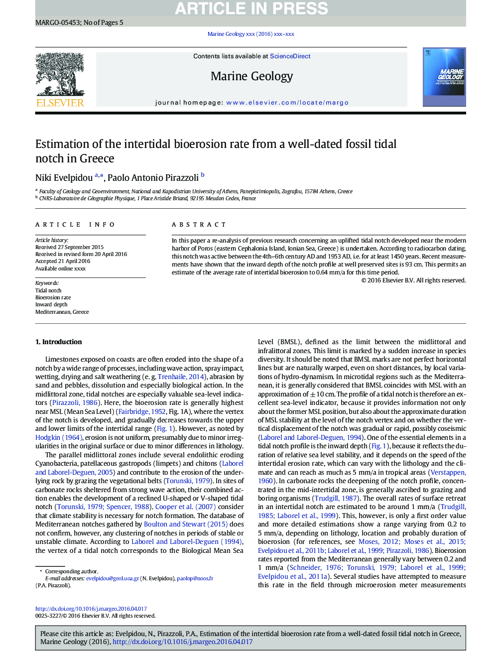 Estimation of the intertidal bioerosion rate from a well-dated fossil tidal notch in Greece