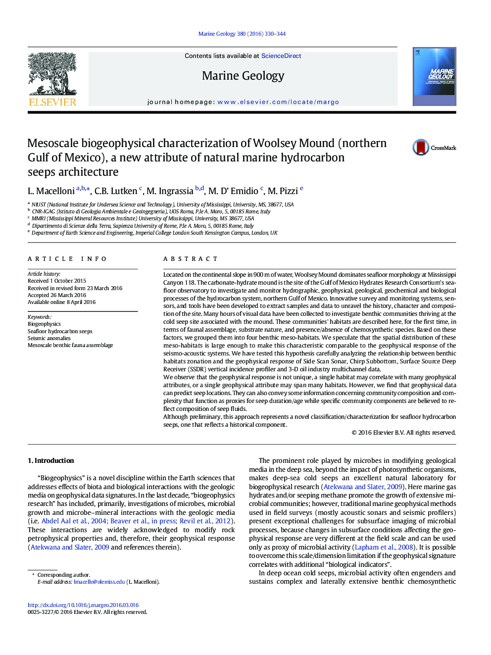 Mesoscale biogeophysical characterization of Woolsey Mound (northern Gulf of Mexico), a new attribute of natural marine hydrocarbon seeps architecture