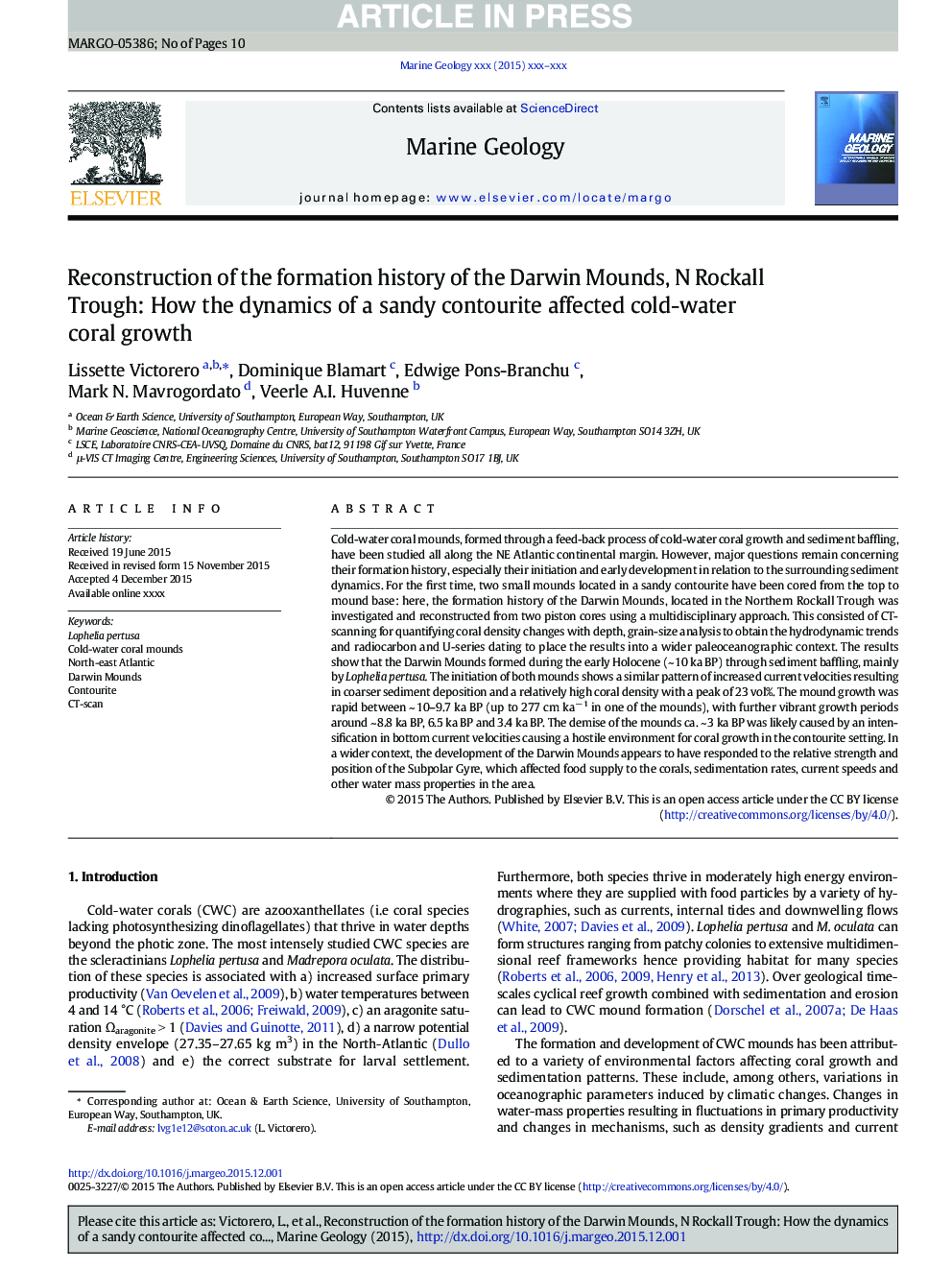 Reconstruction of the formation history of the Darwin Mounds, N Rockall Trough: How the dynamics of a sandy contourite affected cold-water coral growth