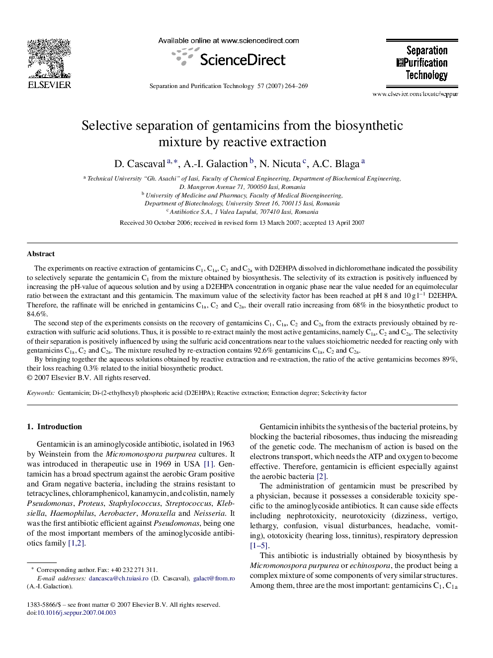 Selective separation of gentamicins from the biosynthetic mixture by reactive extraction