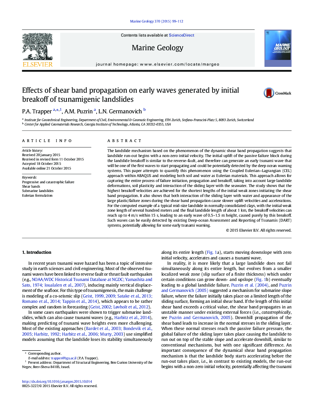 Effects of shear band propagation on early waves generated by initial breakoff of tsunamigenic landslides