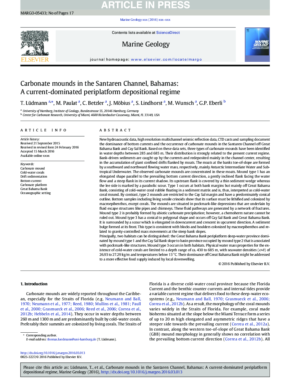 Carbonate mounds in the Santaren Channel, Bahamas: A current-dominated periplatform depositional regime