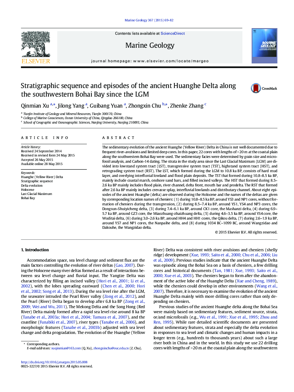 Stratigraphic sequence and episodes of the ancient Huanghe Delta along the southwestern Bohai Bay since the LGM