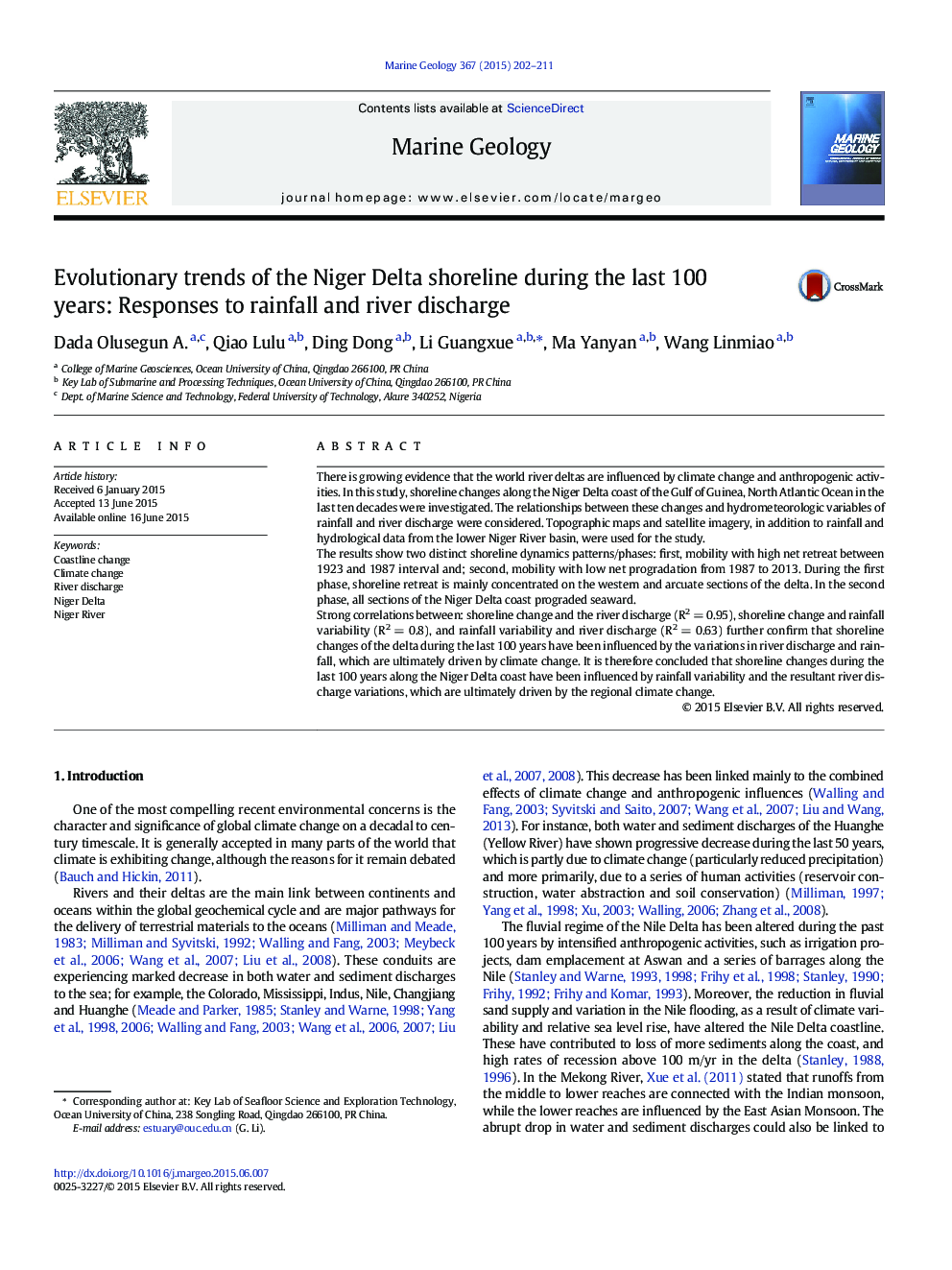 Evolutionary trends of the Niger Delta shoreline during the last 100Â years: Responses to rainfall and river discharge