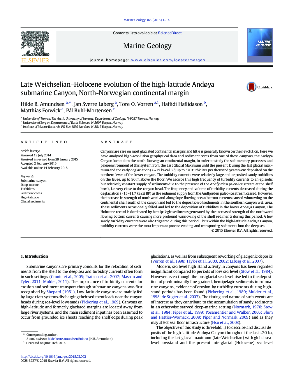 Late Weichselian-Holocene evolution of the high-latitude AndÃ¸ya submarine Canyon, North-Norwegian continental margin