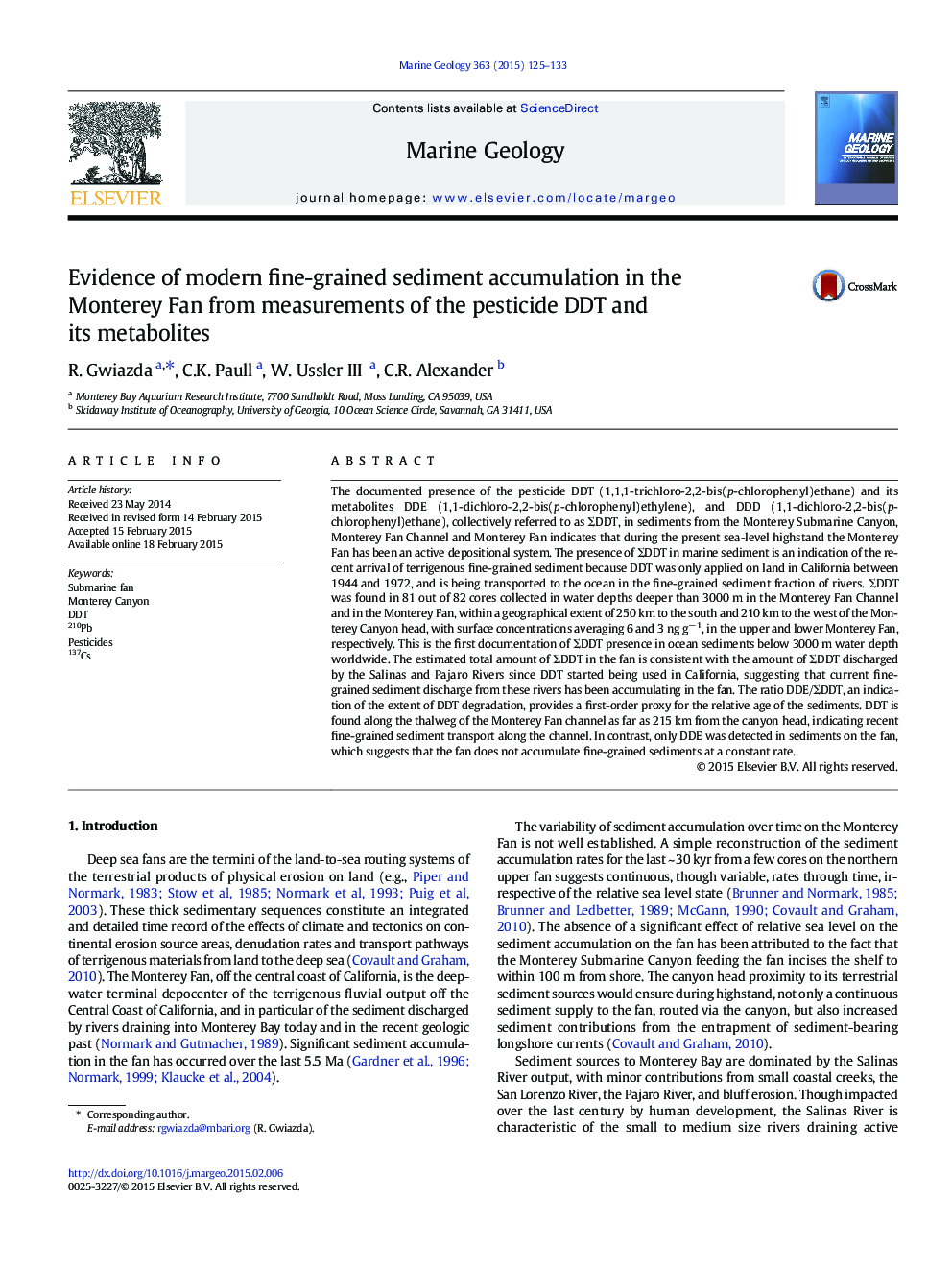 Evidence of modern fine-grained sediment accumulation in the Monterey Fan from measurements of the pesticide DDT and its metabolites