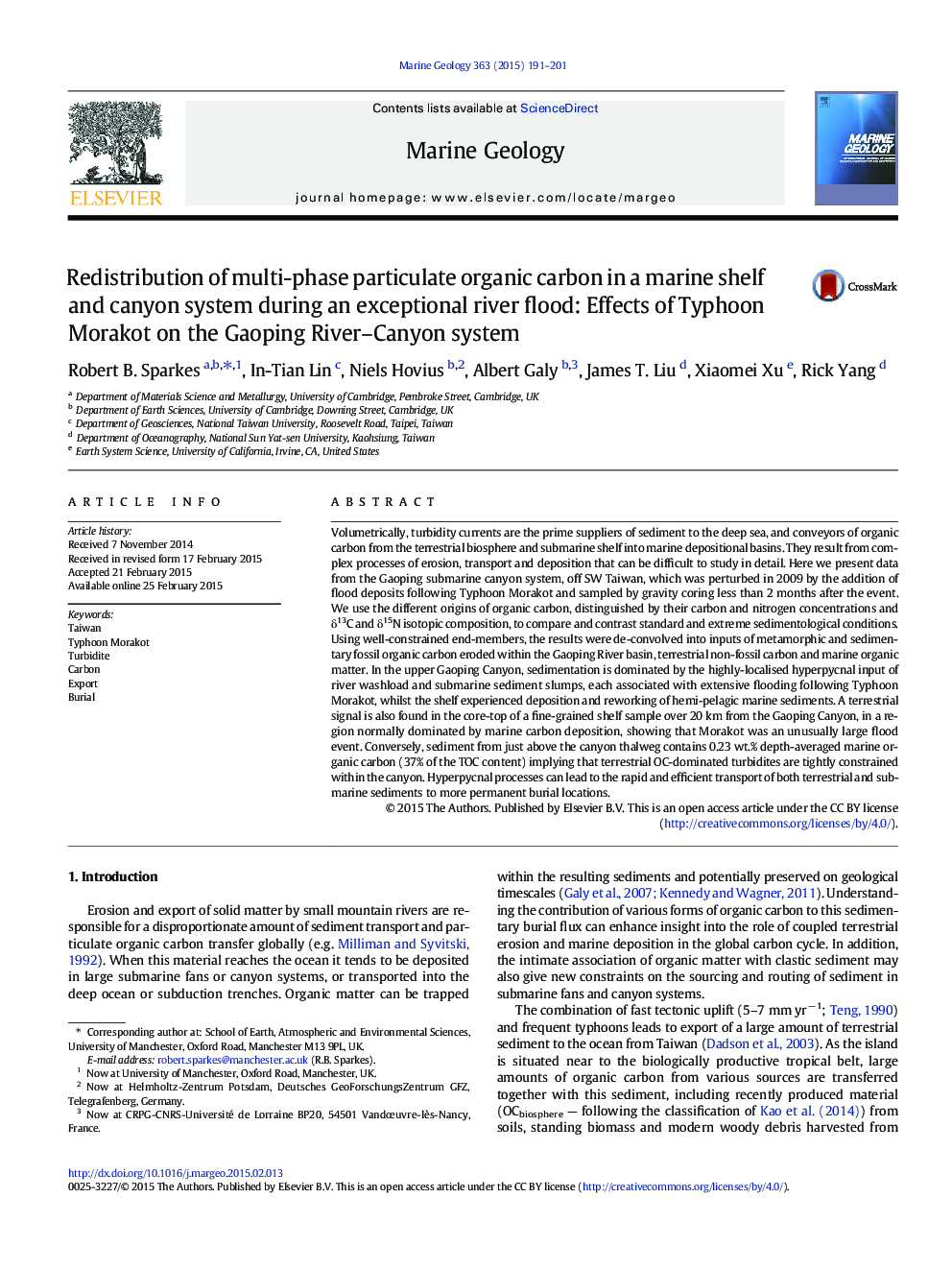 Redistribution of multi-phase particulate organic carbon in a marine shelf and canyon system during an exceptional river flood: Effects of Typhoon Morakot on the Gaoping River-Canyon system