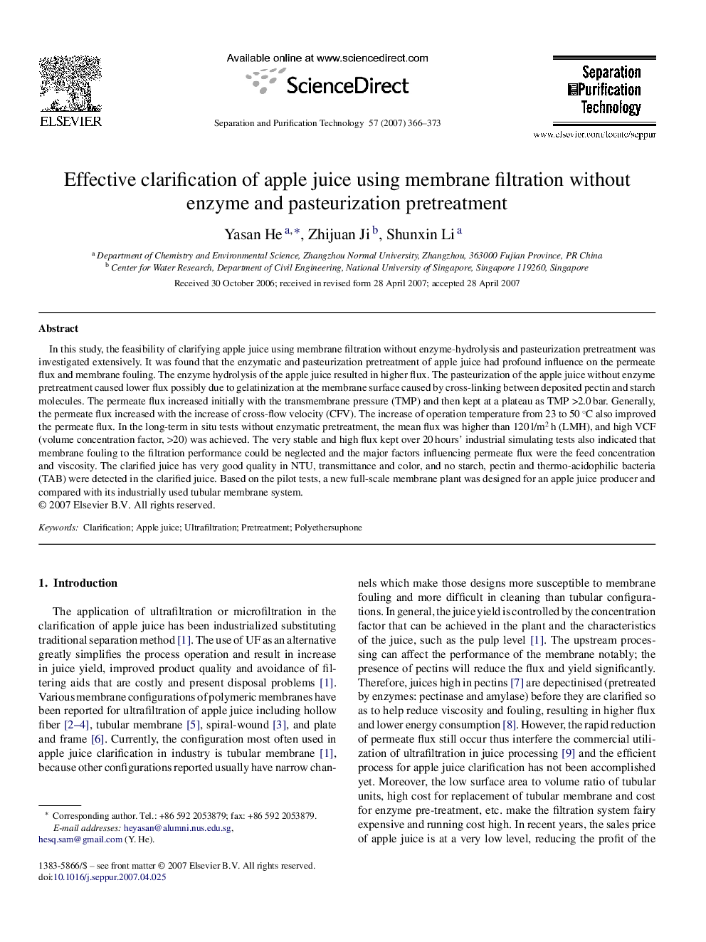 Effective clarification of apple juice using membrane filtration without enzyme and pasteurization pretreatment