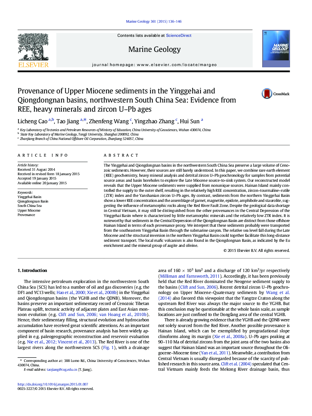 Provenance of Upper Miocene sediments in the Yinggehai and Qiongdongnan basins, northwestern South China Sea: Evidence from REE, heavy minerals and zircon U-Pb ages