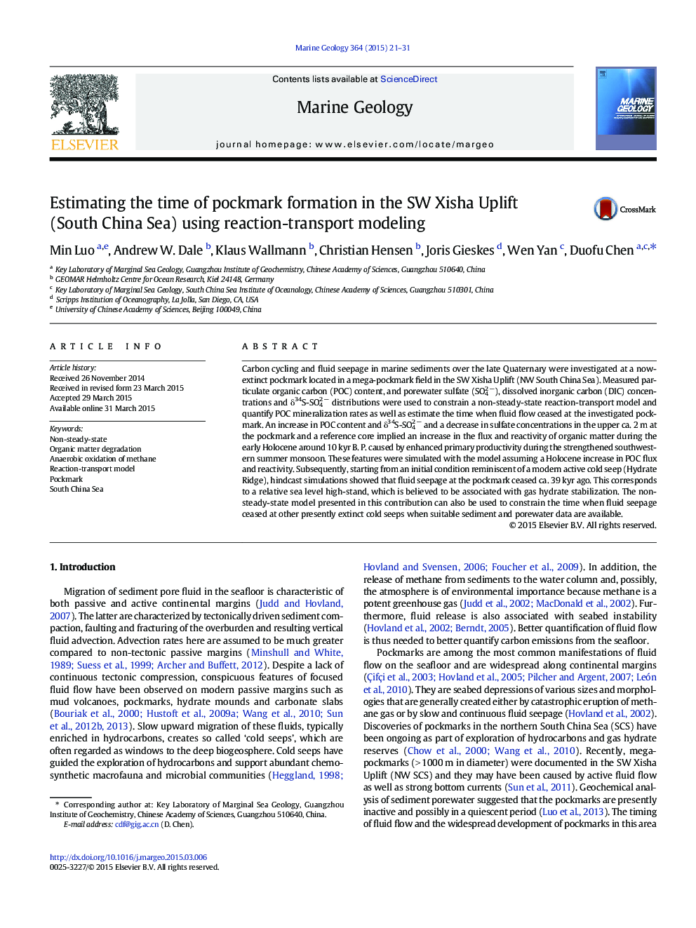 Estimating the time of pockmark formation in the SW Xisha Uplift (South China Sea) using reaction-transport modeling