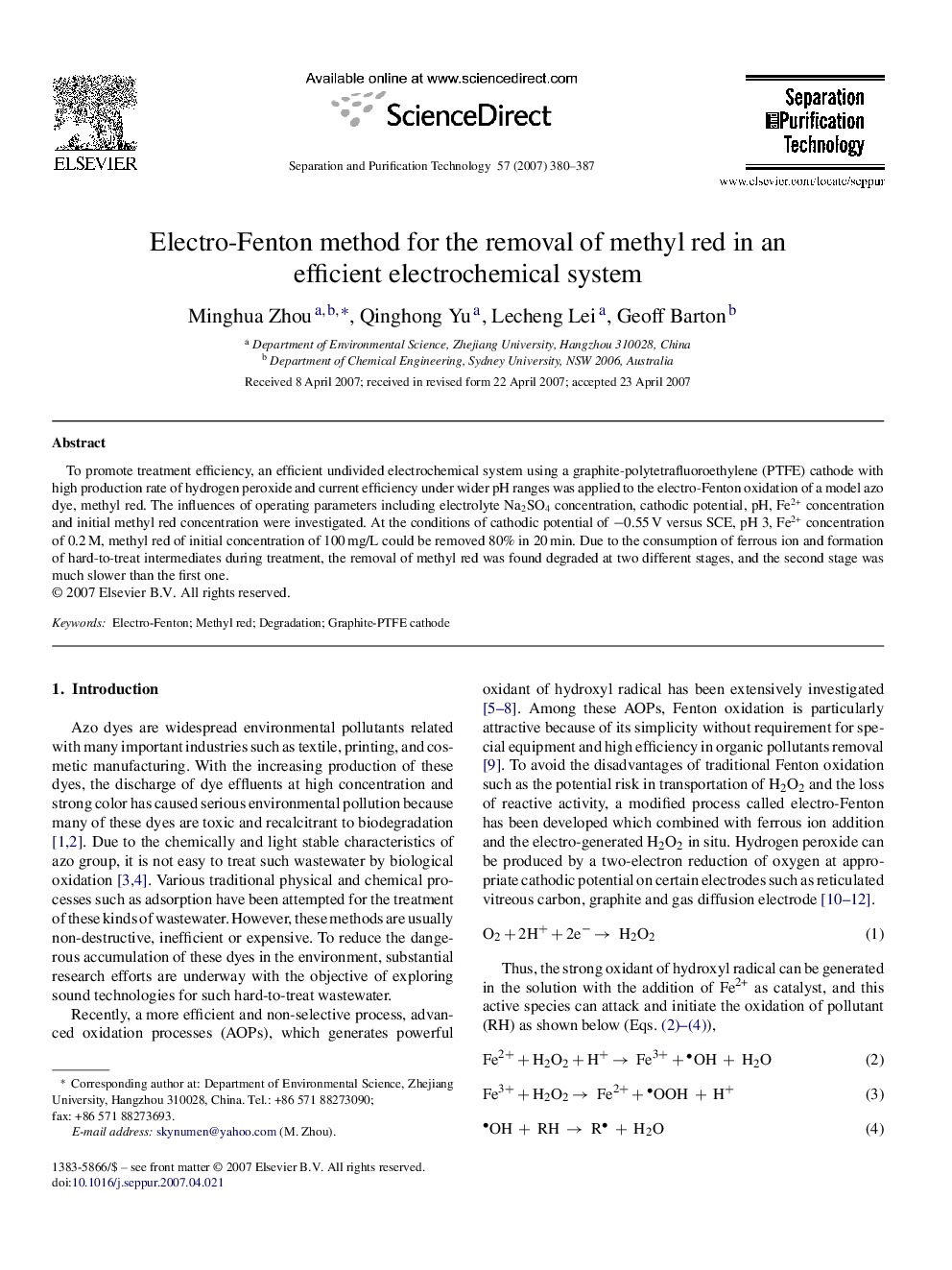 Electro-Fenton method for the removal of methyl red in an efficient electrochemical system