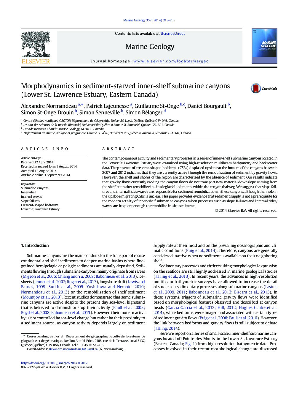 Morphodynamics in sediment-starved inner-shelf submarine canyons (Lower St. Lawrence Estuary, Eastern Canada)