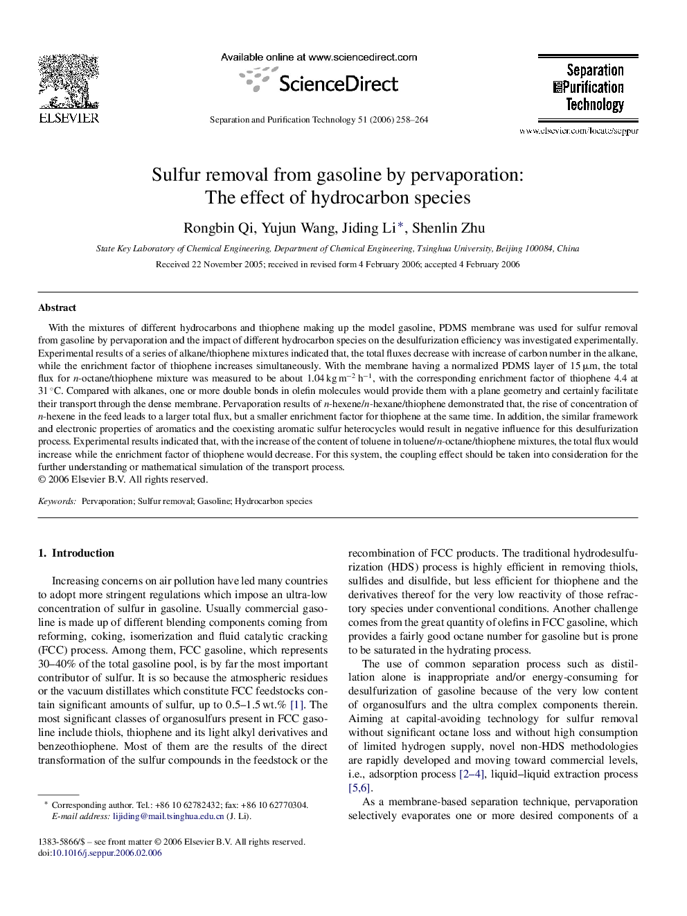 Sulfur removal from gasoline by pervaporation: The effect of hydrocarbon species