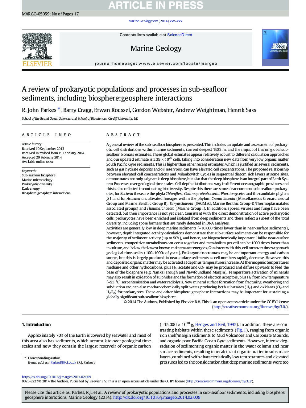 A review of prokaryotic populations and processes in sub-seafloor sediments, including biosphere:geosphere interactions