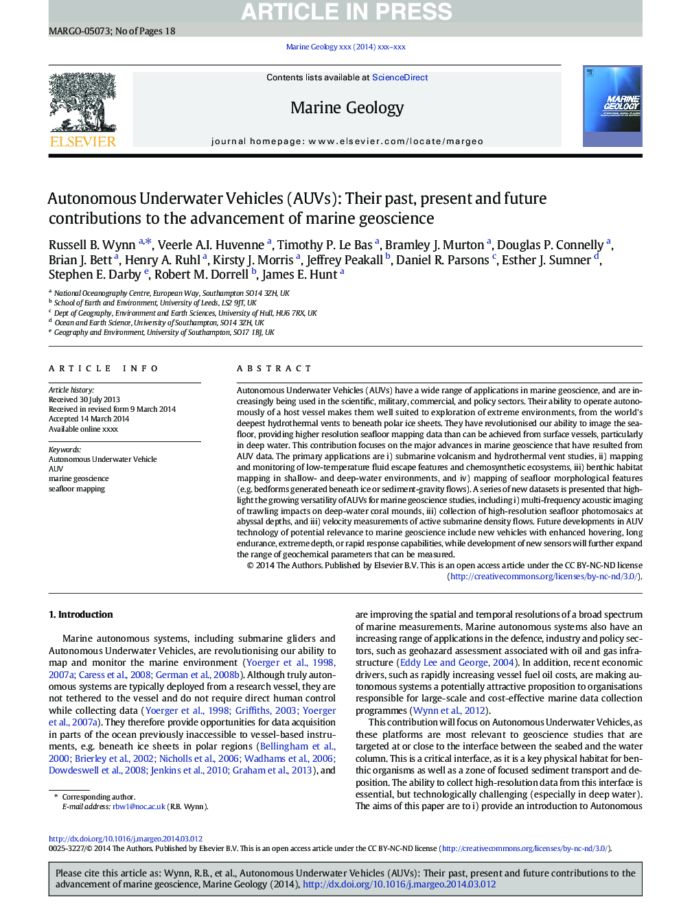 Autonomous Underwater Vehicles (AUVs): Their past, present and future contributions to the advancement of marine geoscience