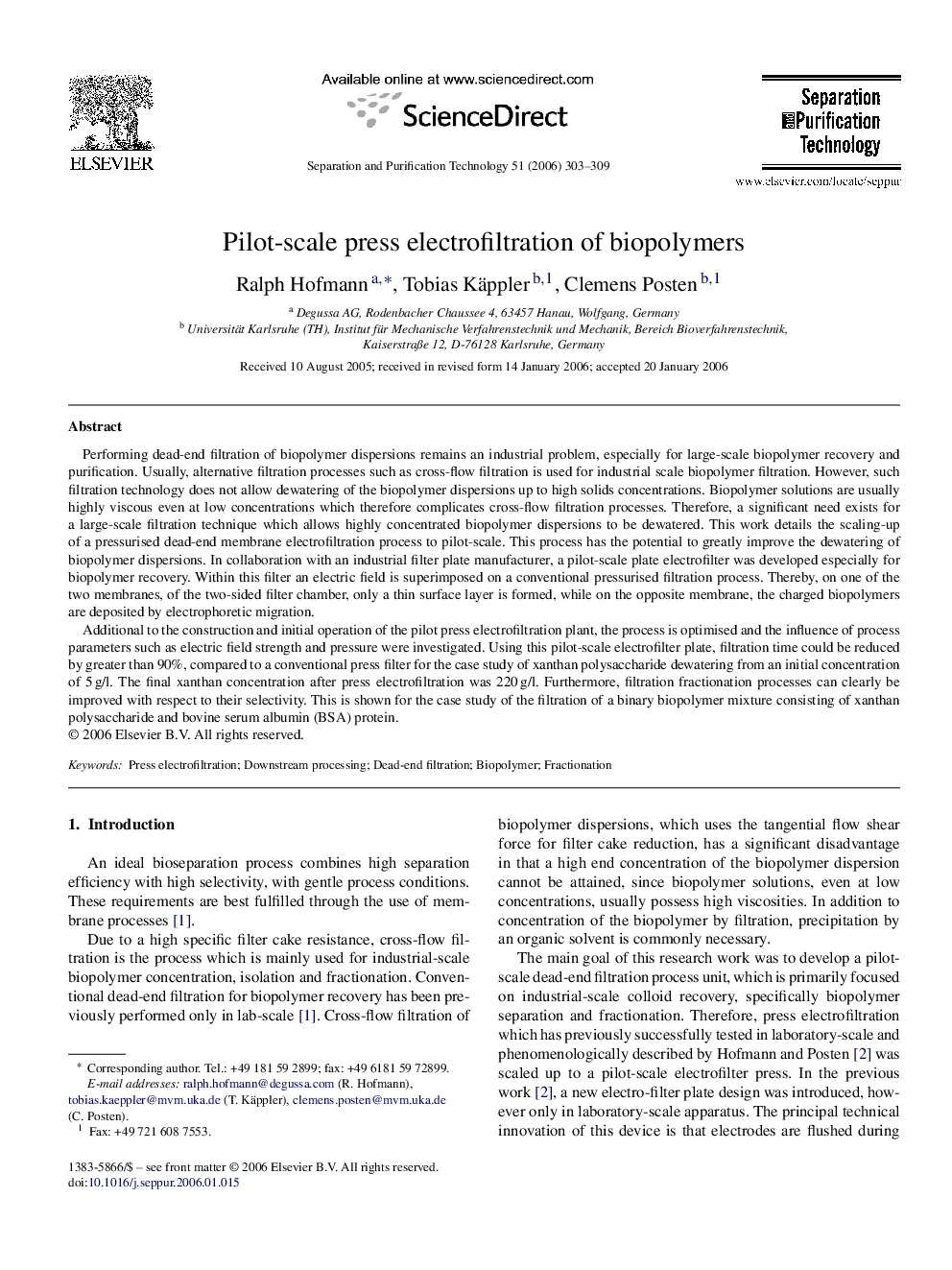 Pilot-scale press electrofiltration of biopolymers