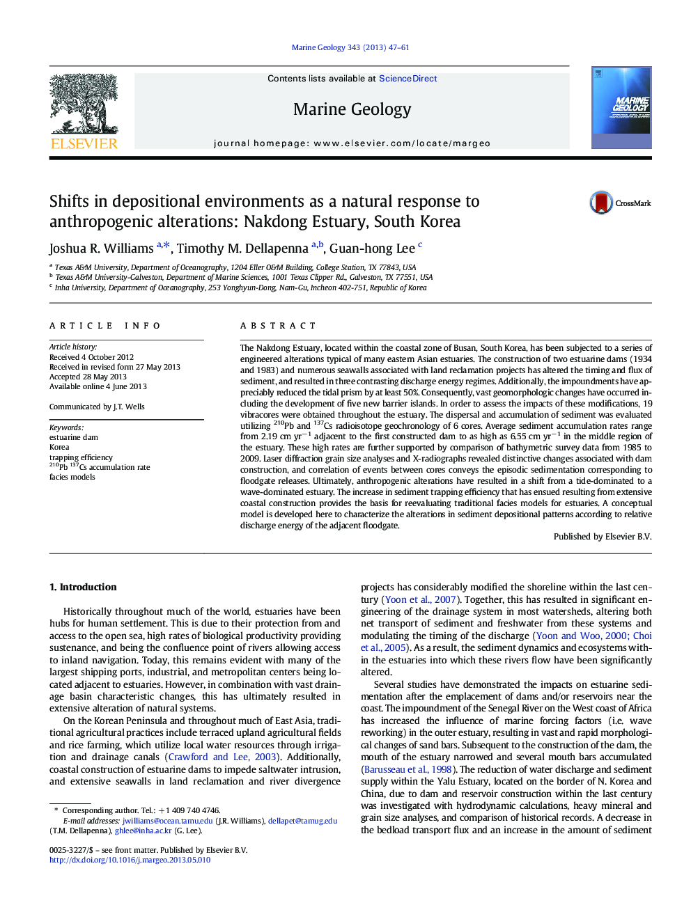 Shifts in depositional environments as a natural response to anthropogenic alterations: Nakdong Estuary, South Korea