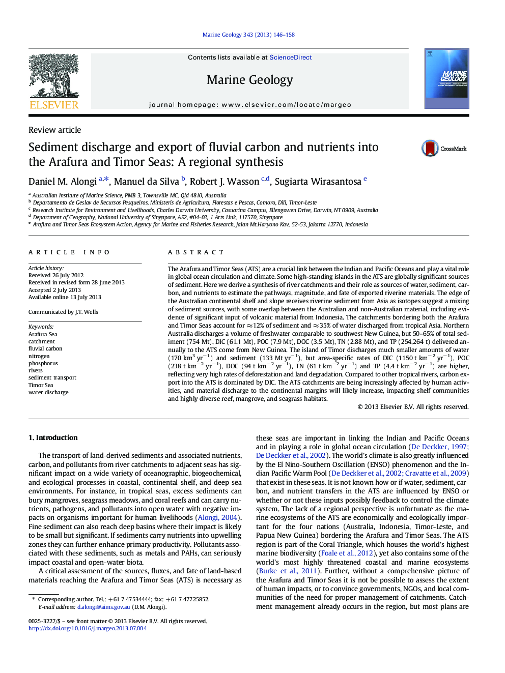 Sediment discharge and export of fluvial carbon and nutrients into the Arafura and Timor Seas: A regional synthesis