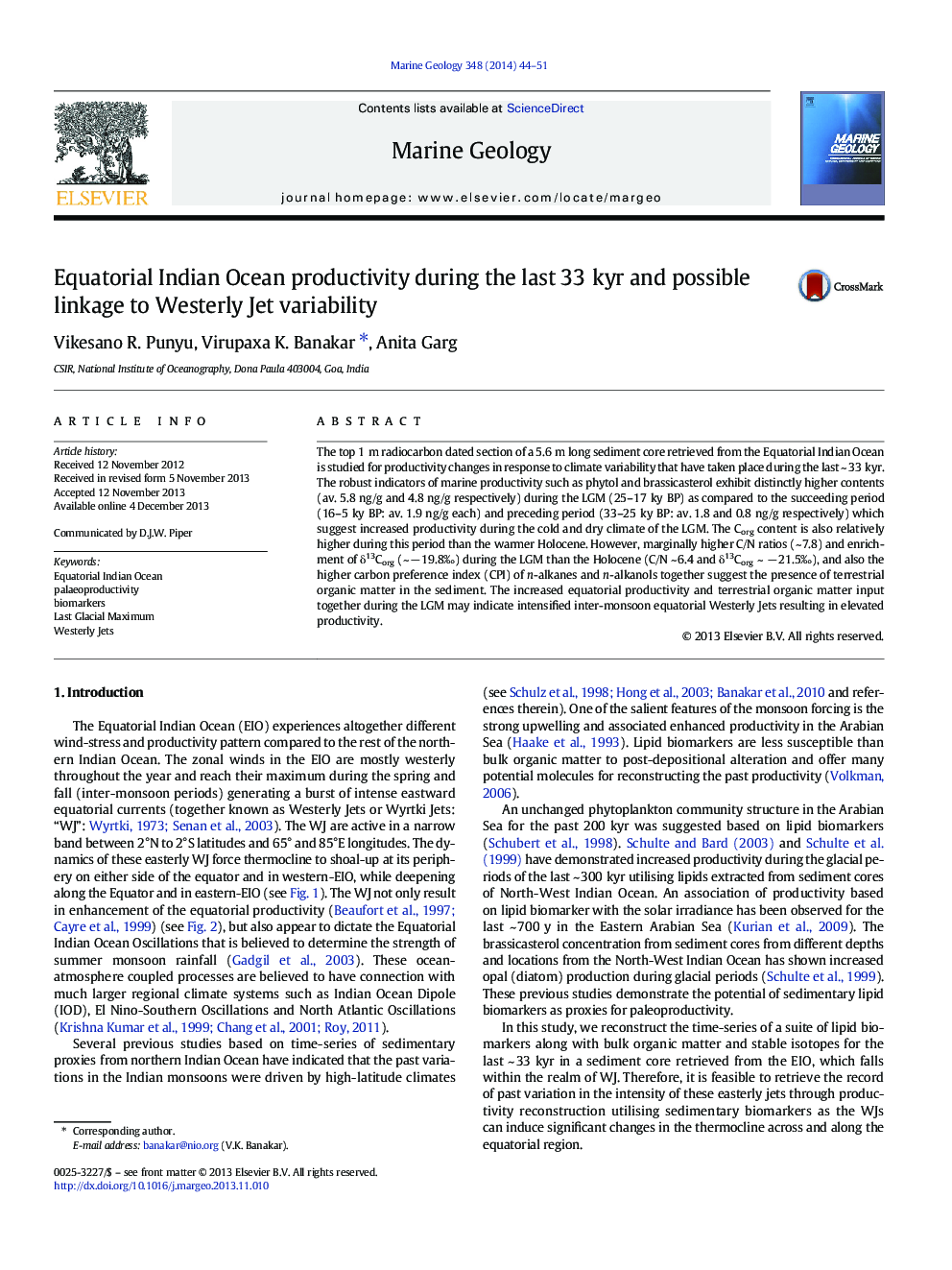 Equatorial Indian Ocean productivity during the last 33Â kyr and possible linkage to Westerly Jet variability