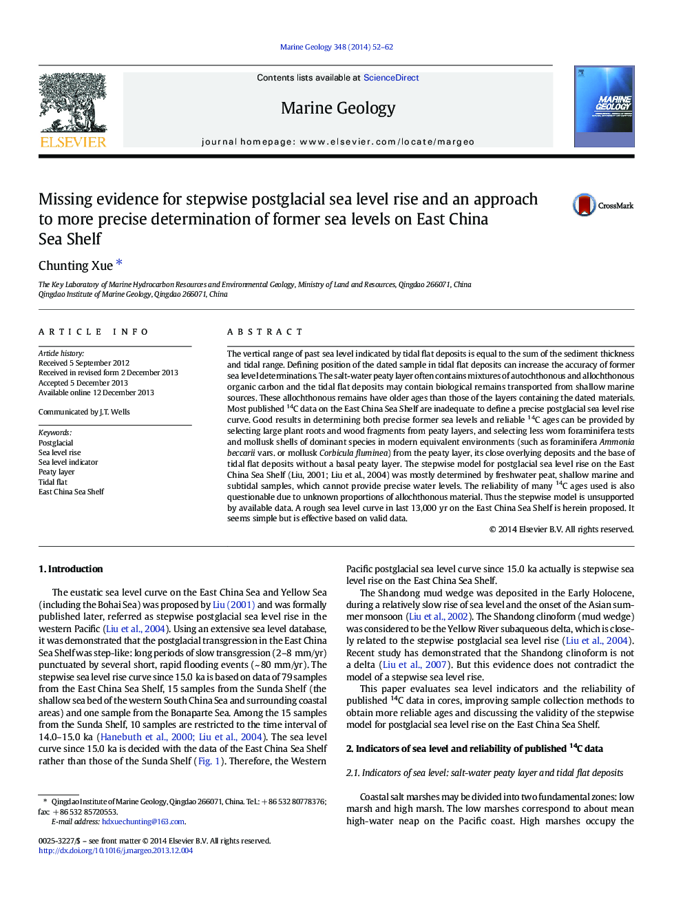 Missing evidence for stepwise postglacial sea level rise and an approach to more precise determination of former sea levels on East China Sea Shelf