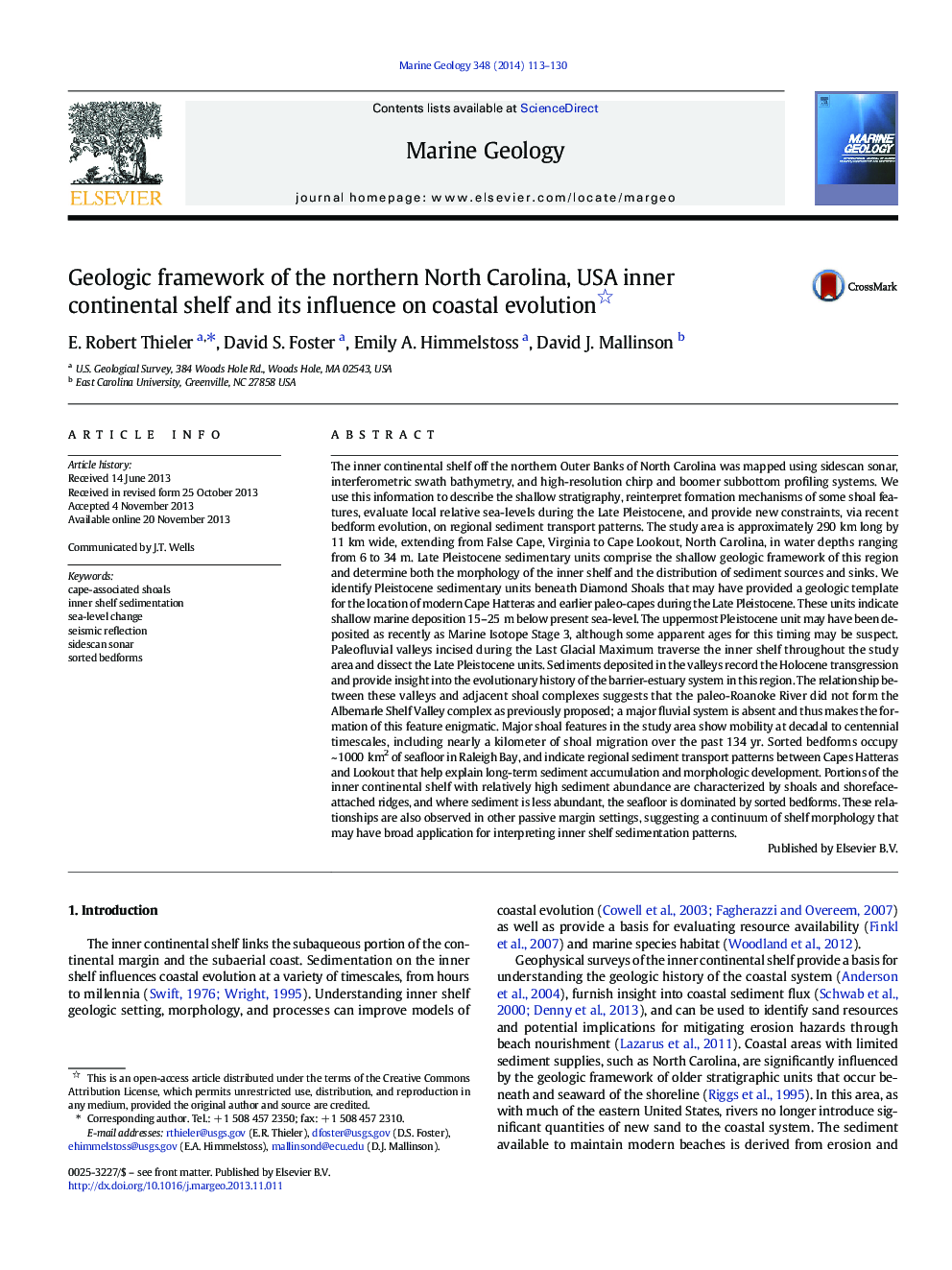 چارچوب زمین شناسی شمال کارولینای شمالی، قفسه قاره ای ایالات متحده آمریکا و تاثیر آن بر تکامل ساحلی 