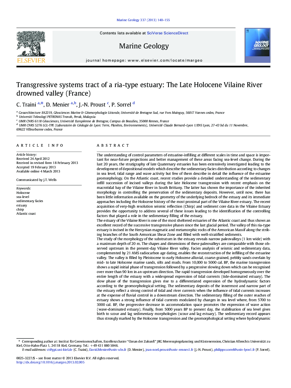 Transgressive systems tract of a ria-type estuary: The Late Holocene Vilaine River drowned valley (France)