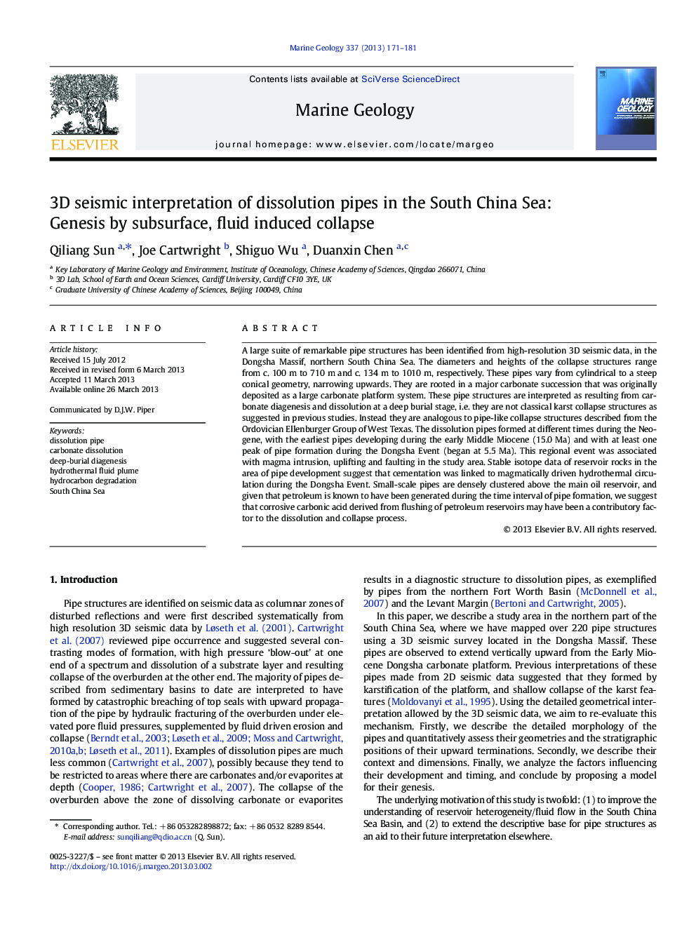 3D seismic interpretation of dissolution pipes in the South China Sea: Genesis by subsurface, fluid induced collapse