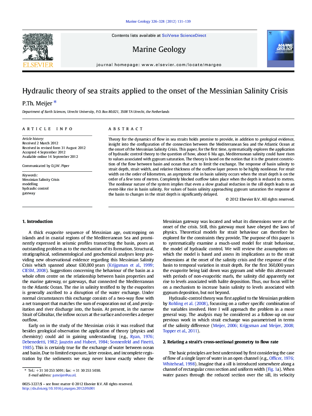 Hydraulic theory of sea straits applied to the onset of the Messinian Salinity Crisis