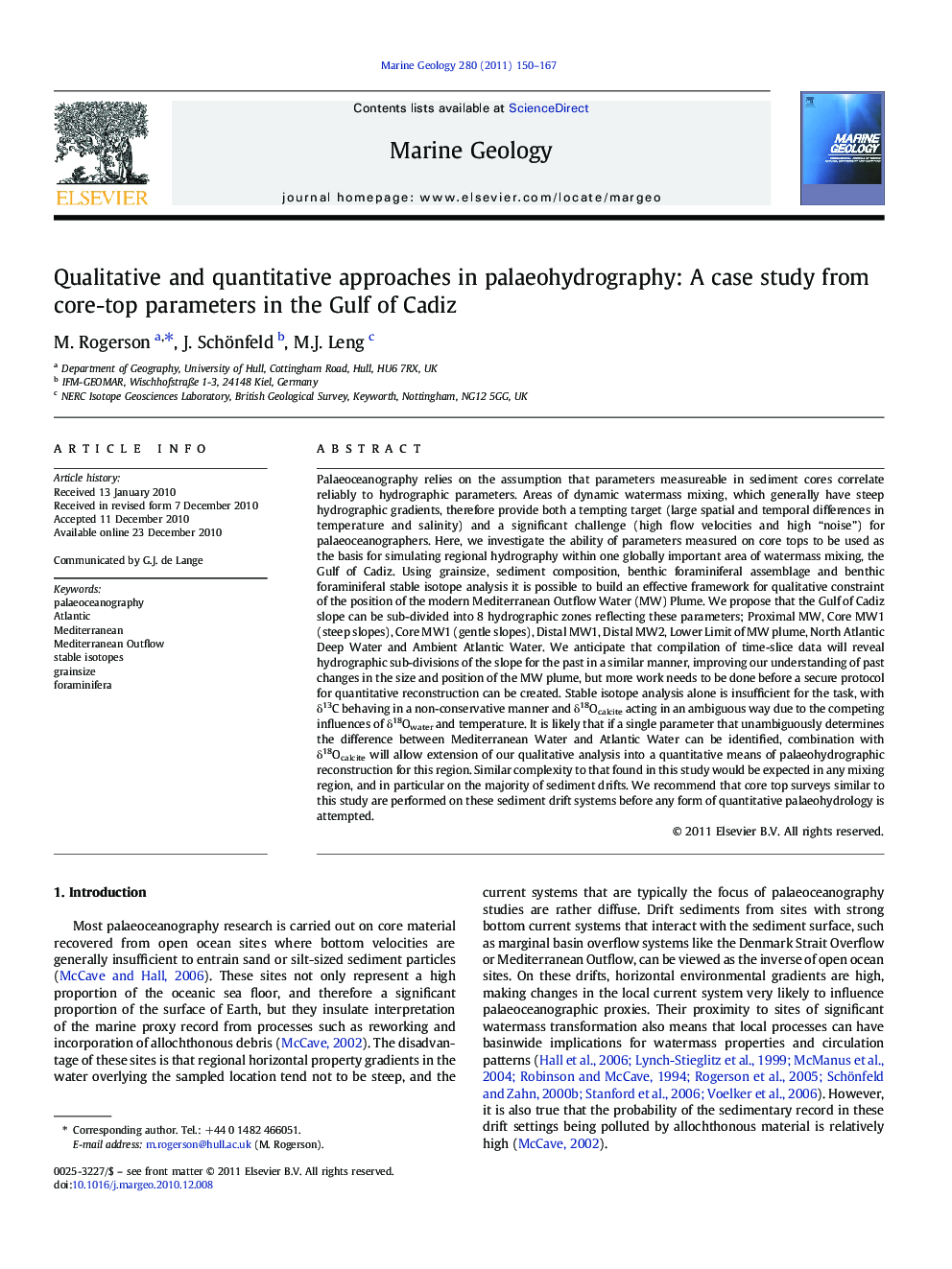Qualitative and quantitative approaches in palaeohydrography: A case study from core-top parameters in the Gulf of Cadiz