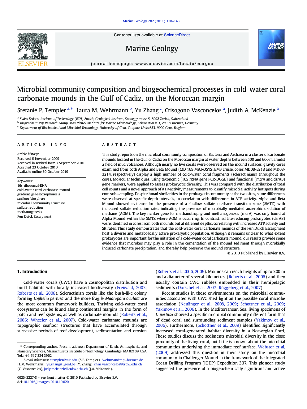 Microbial community composition and biogeochemical processes in cold-water coral carbonate mounds in the Gulf of Cadiz, on the Moroccan margin