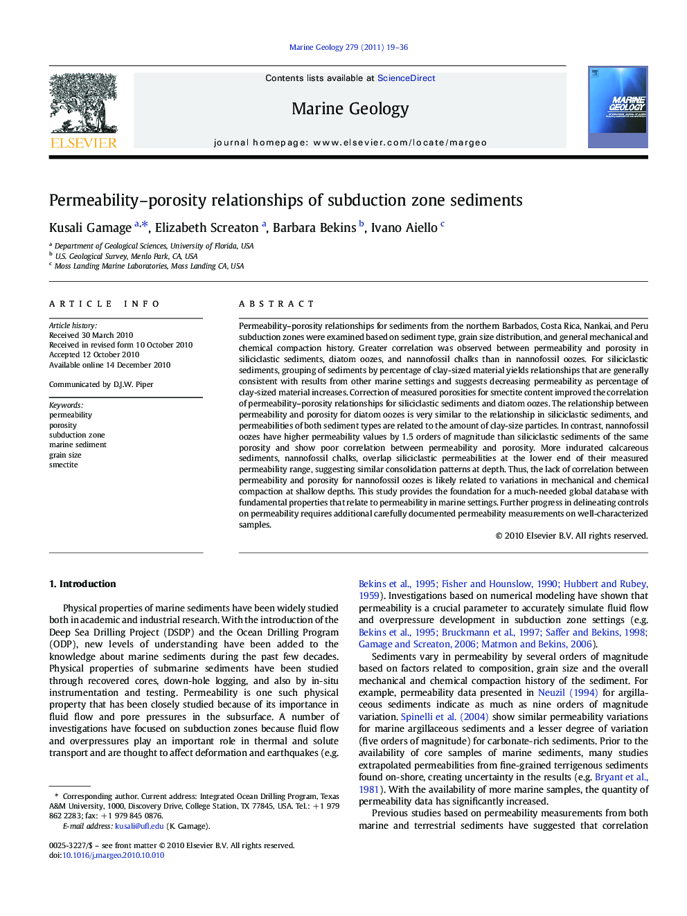 Permeability-porosity relationships of subduction zone sediments