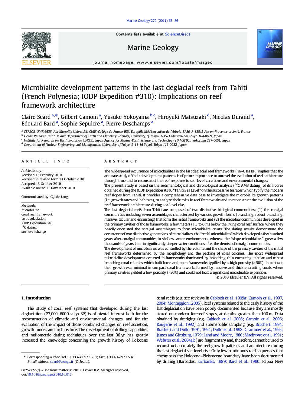 Microbialite development patterns in the last deglacial reefs from Tahiti (French Polynesia; IODP Expedition #310): Implications on reef framework architecture