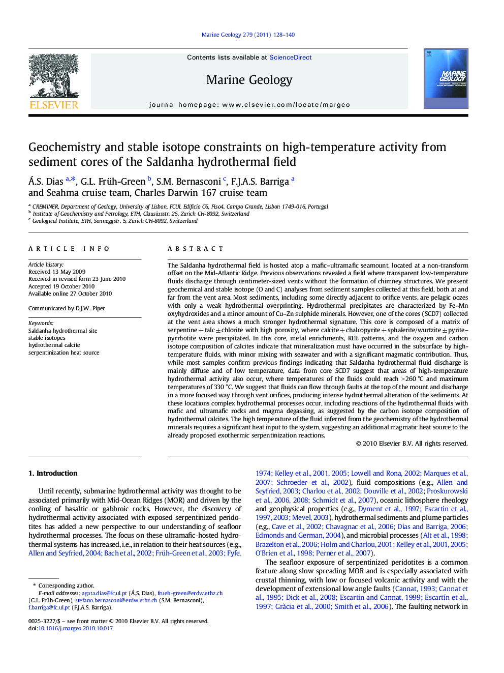 Geochemistry and stable isotope constraints on high-temperature activity from sediment cores of the Saldanha hydrothermal field