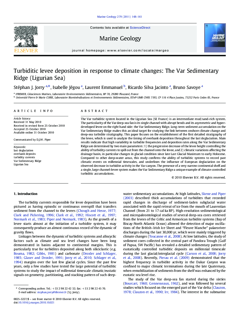 Turbiditic levee deposition in response to climate changes: The Var Sedimentary Ridge (Ligurian Sea)