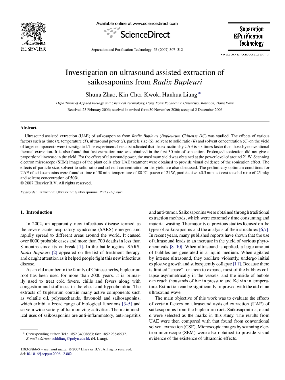 Investigation on ultrasound assisted extraction of saikosaponins from Radix Bupleuri