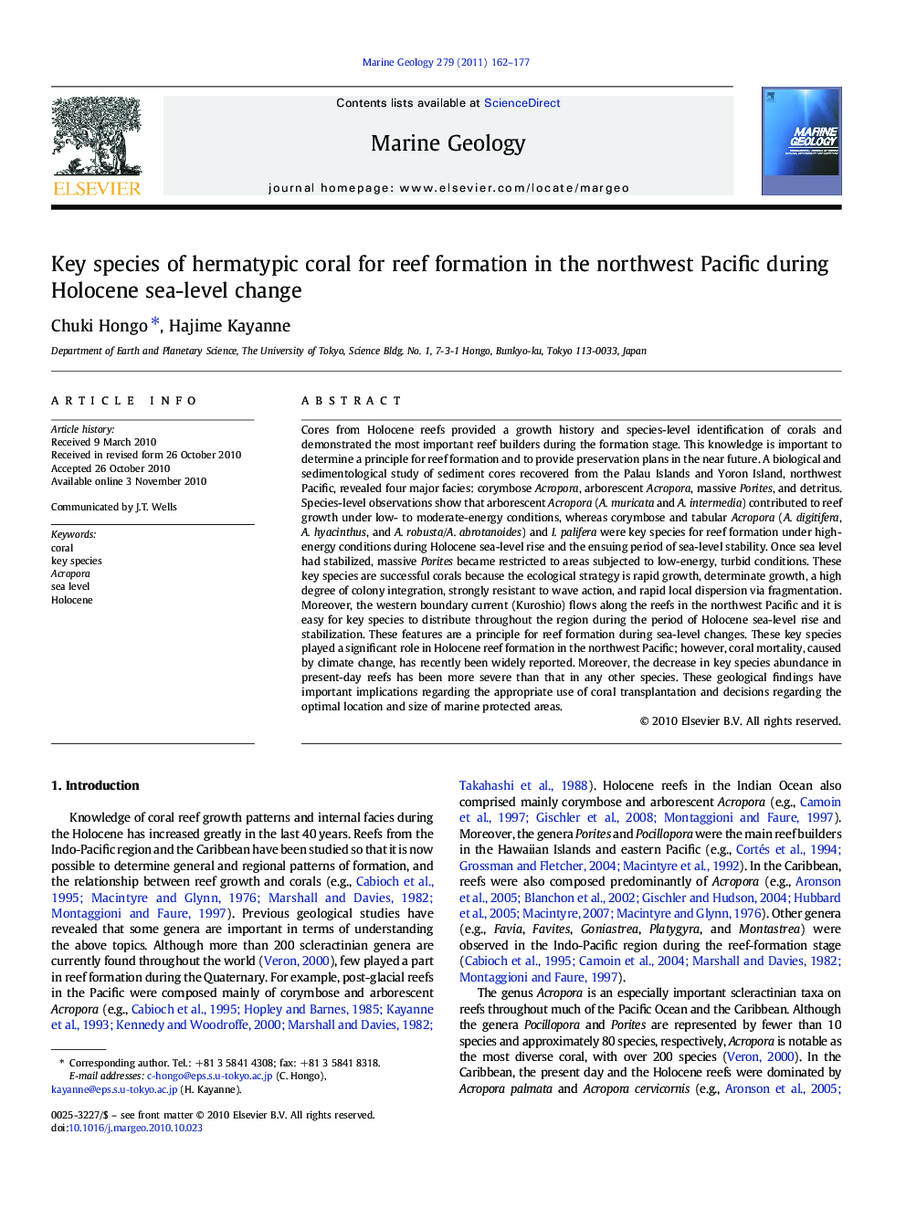 Key species of hermatypic coral for reef formation in the northwest Pacific during Holocene sea-level change