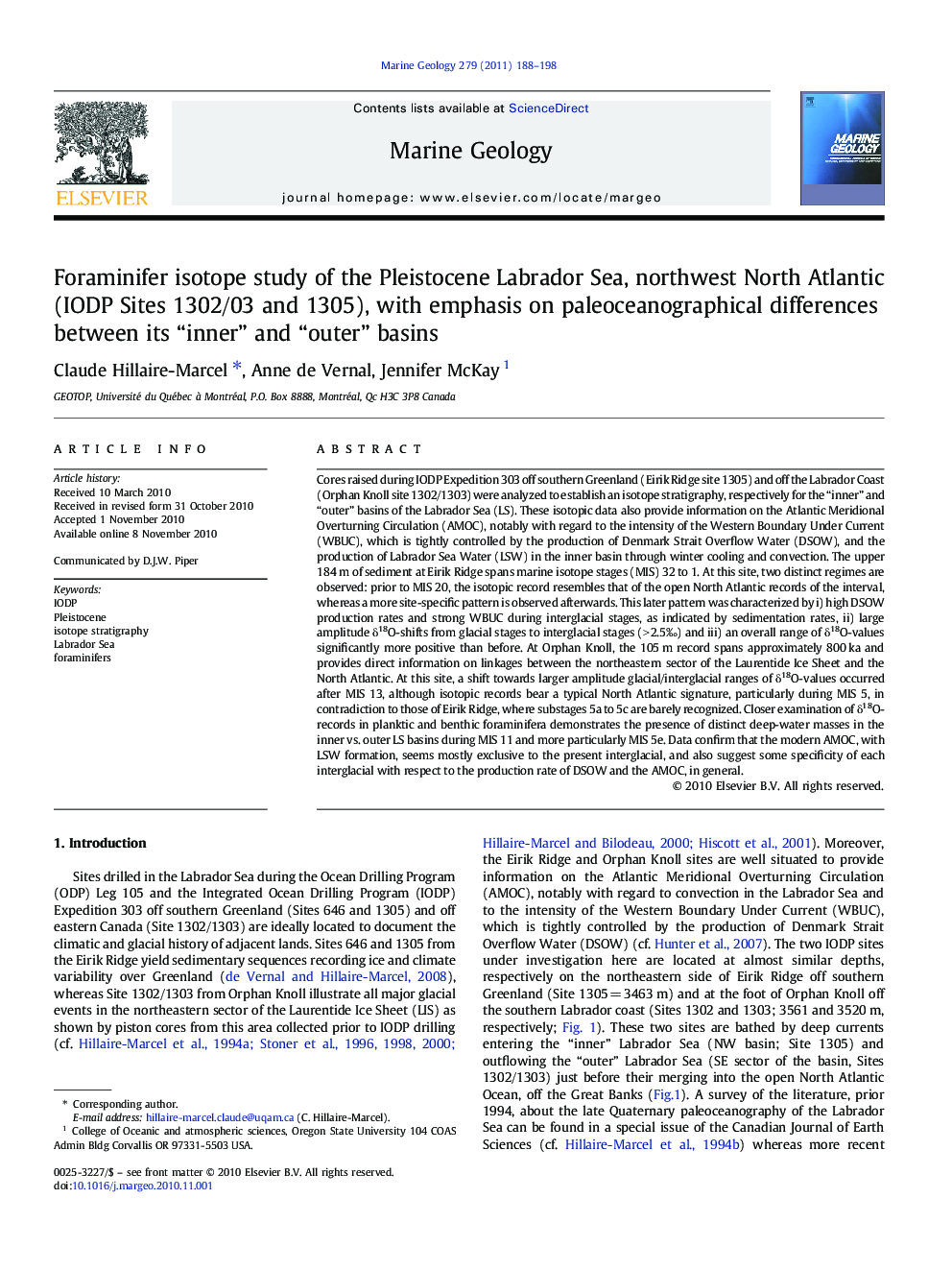 Foraminifer isotope study of the Pleistocene Labrador Sea, northwest North Atlantic (IODP Sites 1302/03 and 1305), with emphasis on paleoceanographical differences between its “inner” and “outer” basins