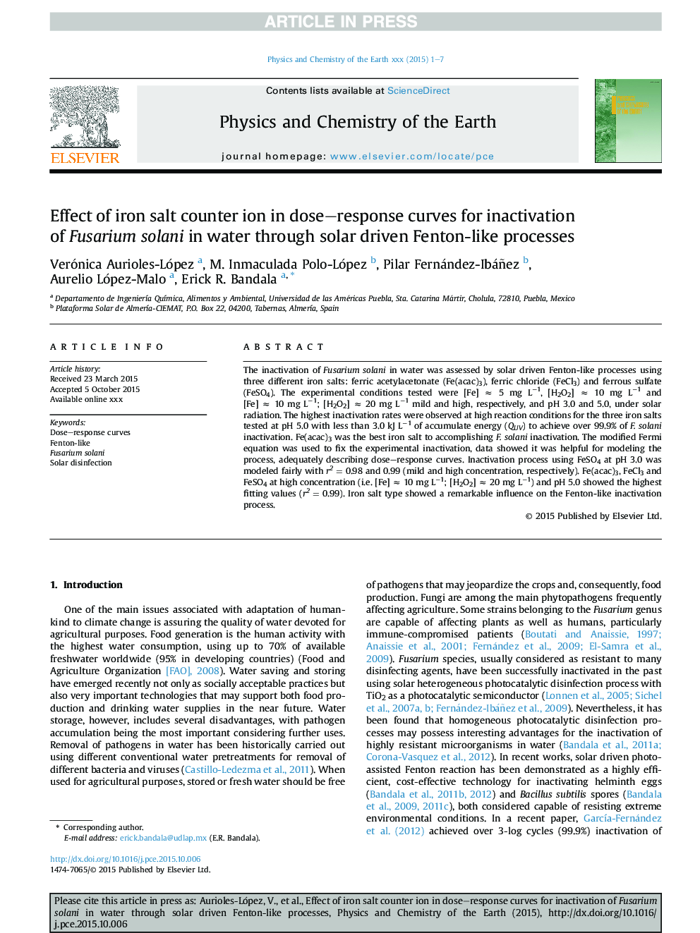 Effect of iron salt counter ion in dose-response curves for inactivation of Fusarium solani in water through solar driven Fenton-like processes