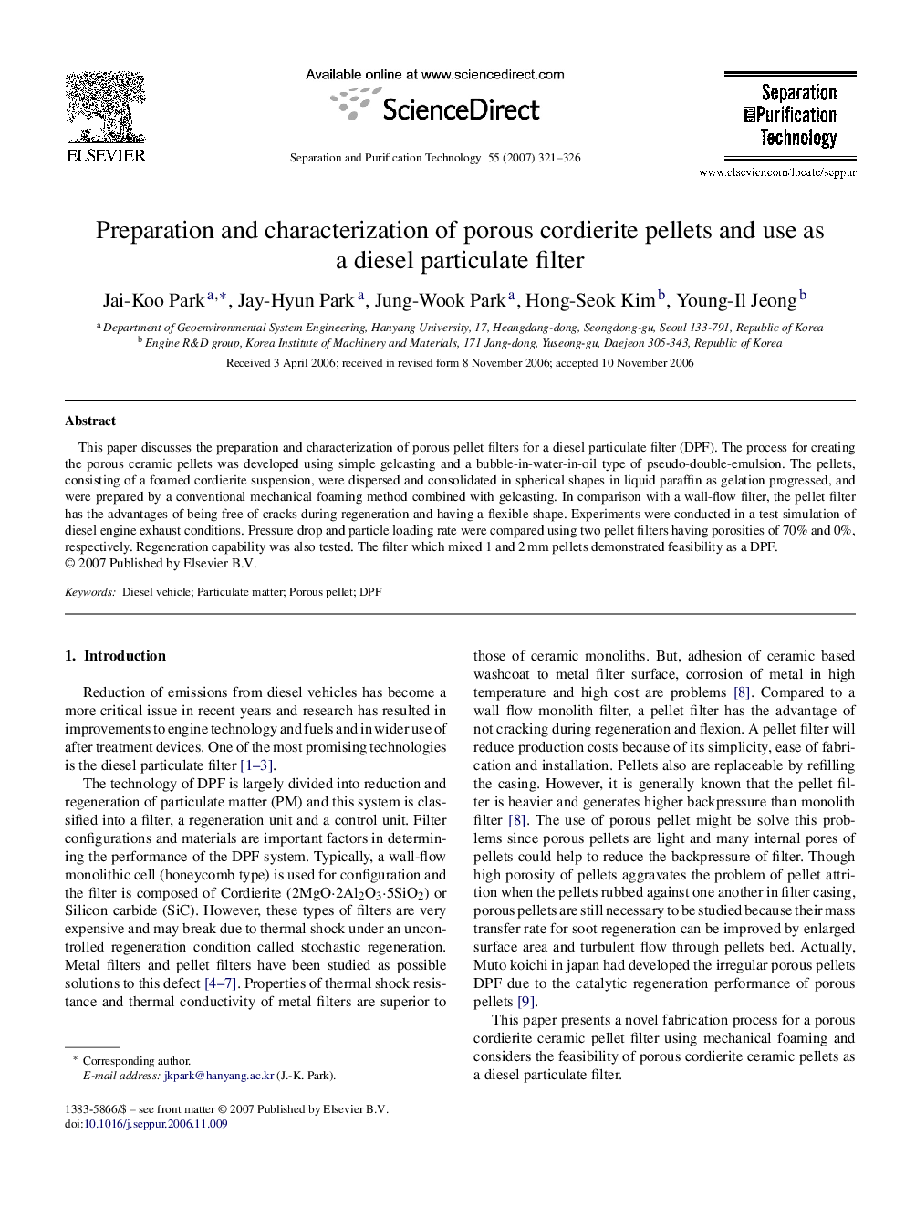 Preparation and characterization of porous cordierite pellets and use as a diesel particulate filter