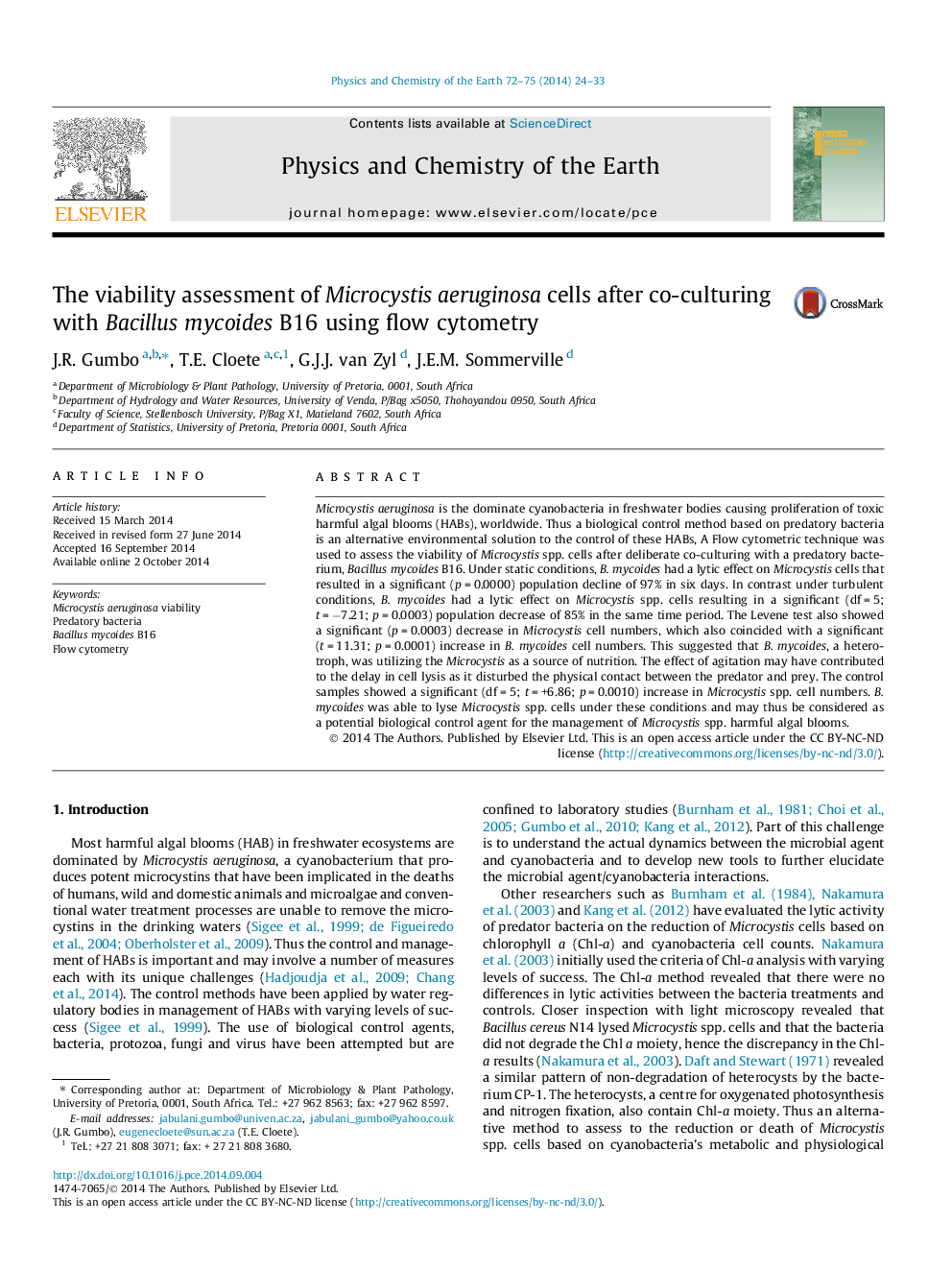 The viability assessment of Microcystis aeruginosa cells after co-culturing with Bacillus mycoides B16 using flow cytometry