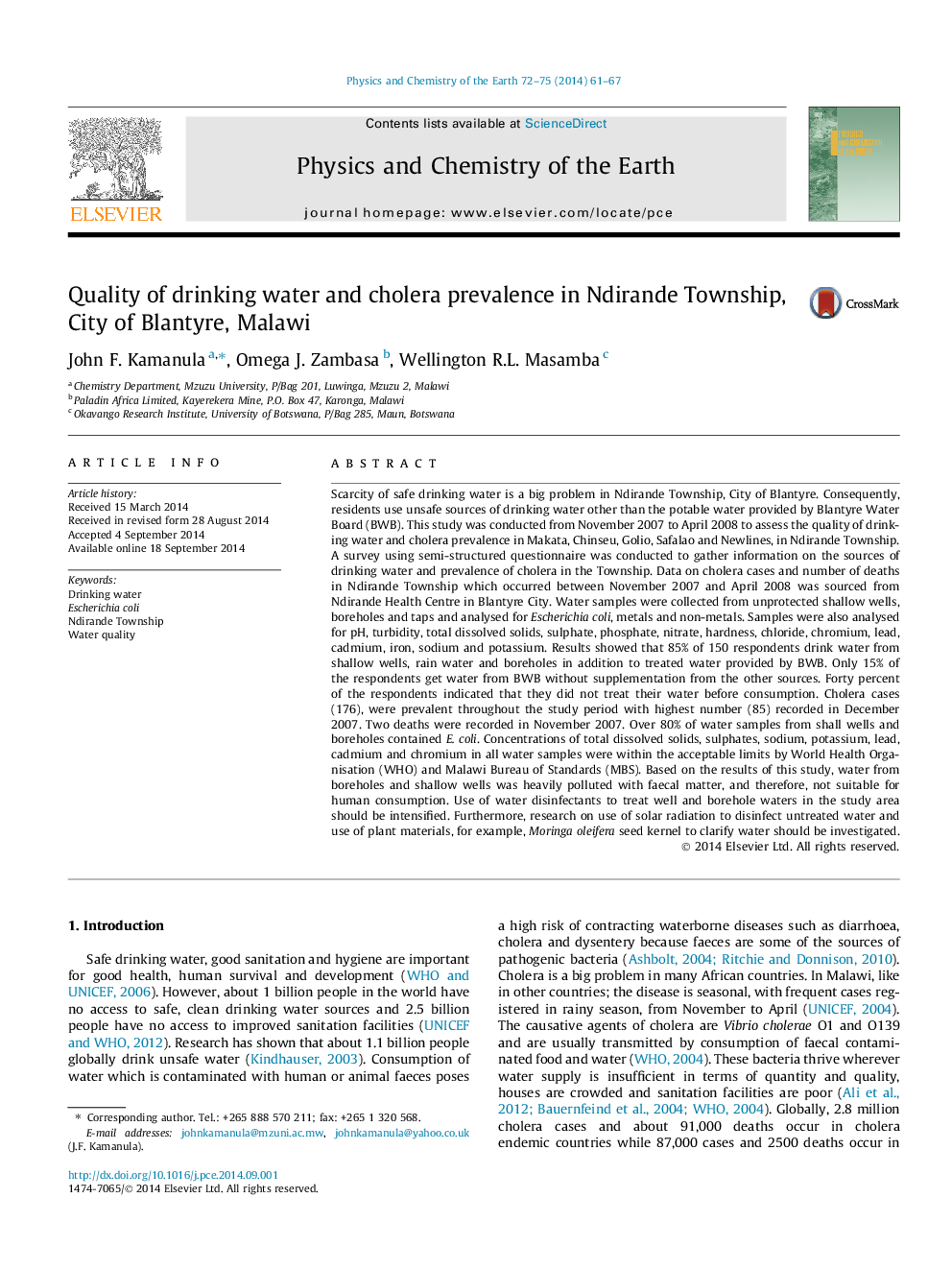 Quality of drinking water and cholera prevalence in Ndirande Township, City of Blantyre, Malawi