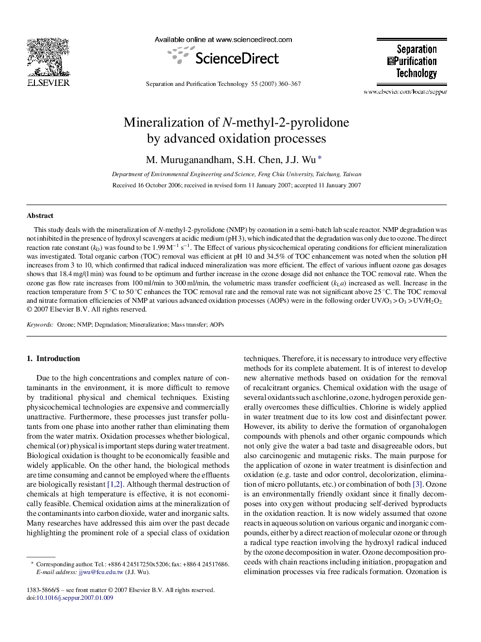 Mineralization of N-methyl-2-pyrolidone by advanced oxidation processes