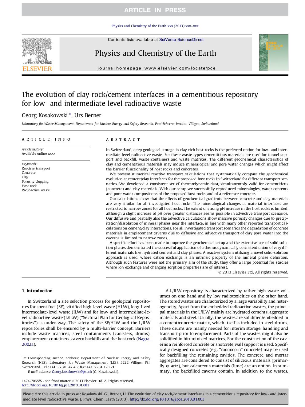 تکامل اتصالات سنگ / سیمان رس در یک مخزن سیمانی برای سطوح کم و متوسط ​​رادیواکتیو 