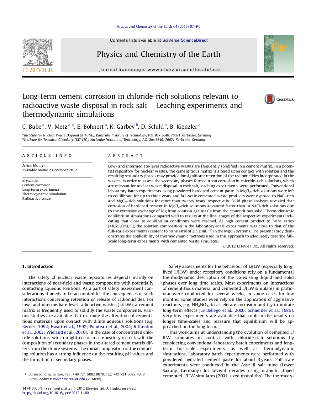 Long-term cement corrosion in chloride-rich solutions relevant to radioactive waste disposal in rock salt - Leaching experiments and thermodynamic simulations