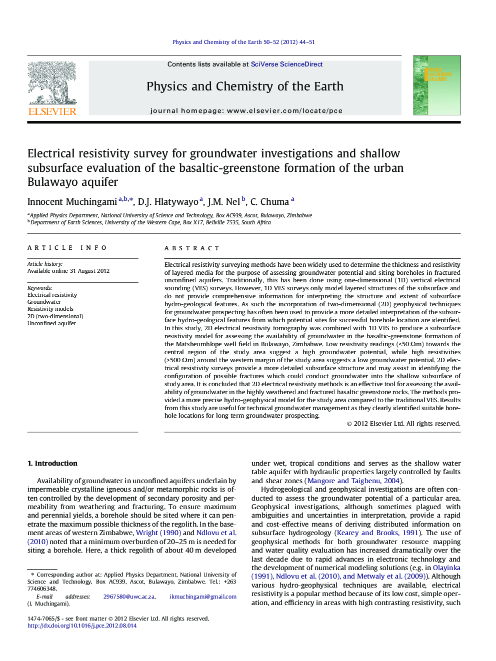 Electrical resistivity survey for groundwater investigations and shallow subsurface evaluation of the basaltic-greenstone formation of the urban Bulawayo aquifer