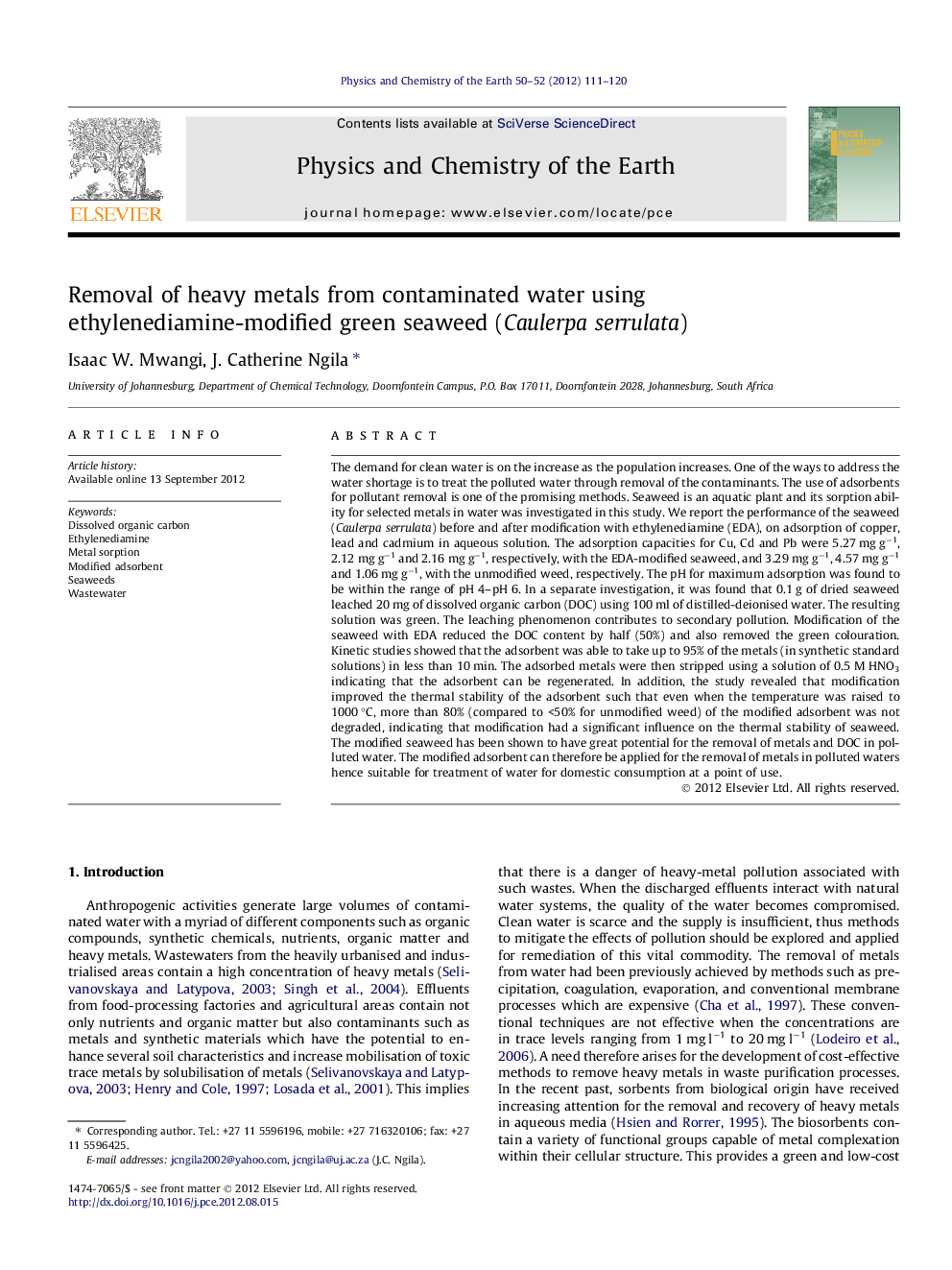 Removal of heavy metals from contaminated water using ethylenediamine-modified green seaweed (Caulerpa serrulata)