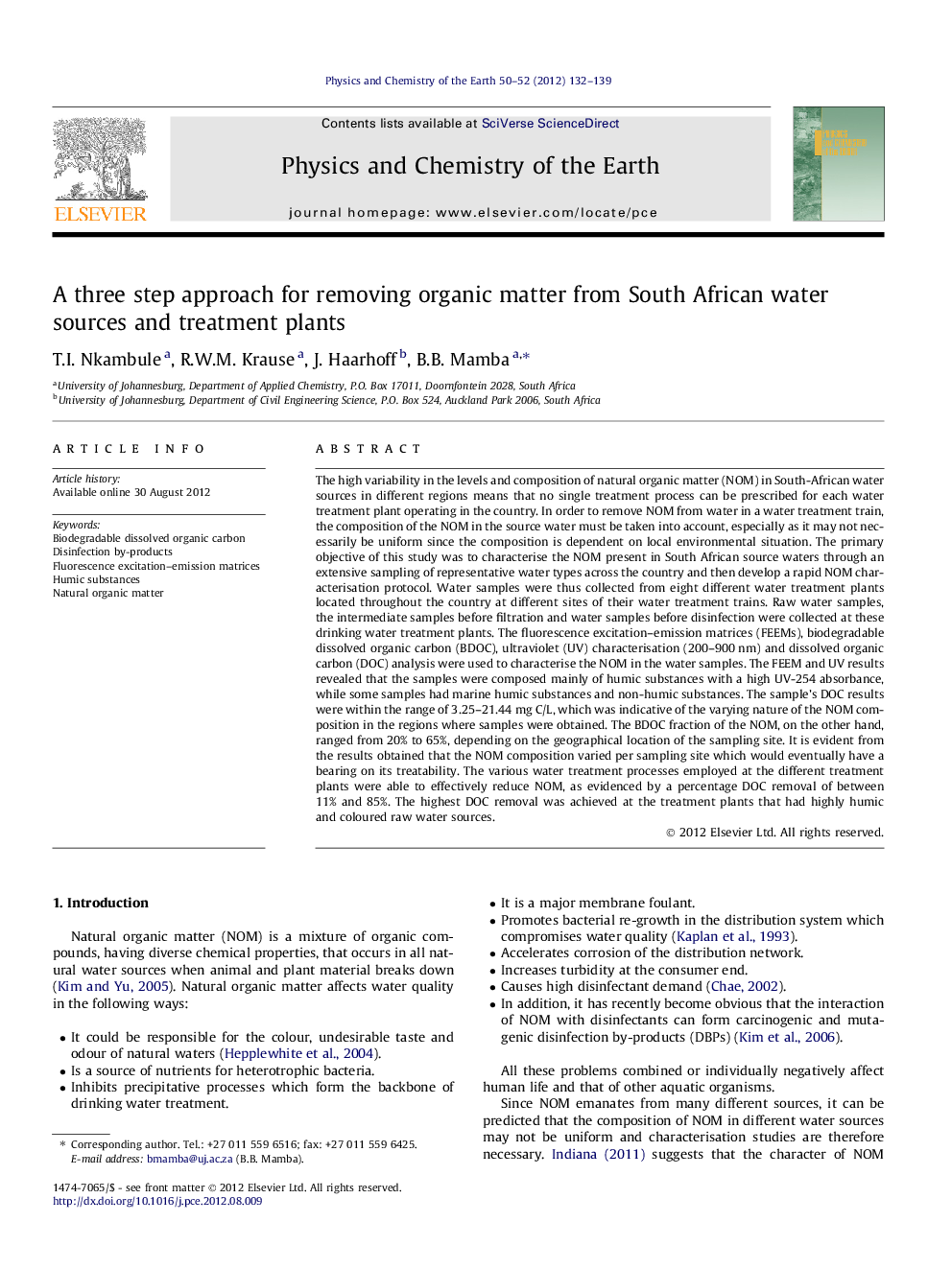 A three step approach for removing organic matter from South African water sources and treatment plants