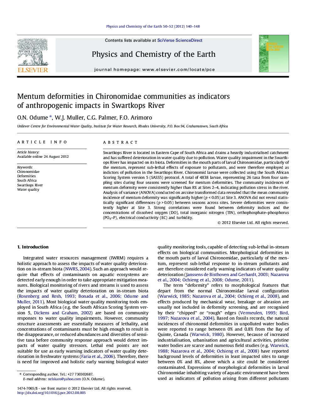 Mentum deformities in Chironomidae communities as indicators of anthropogenic impacts in Swartkops River