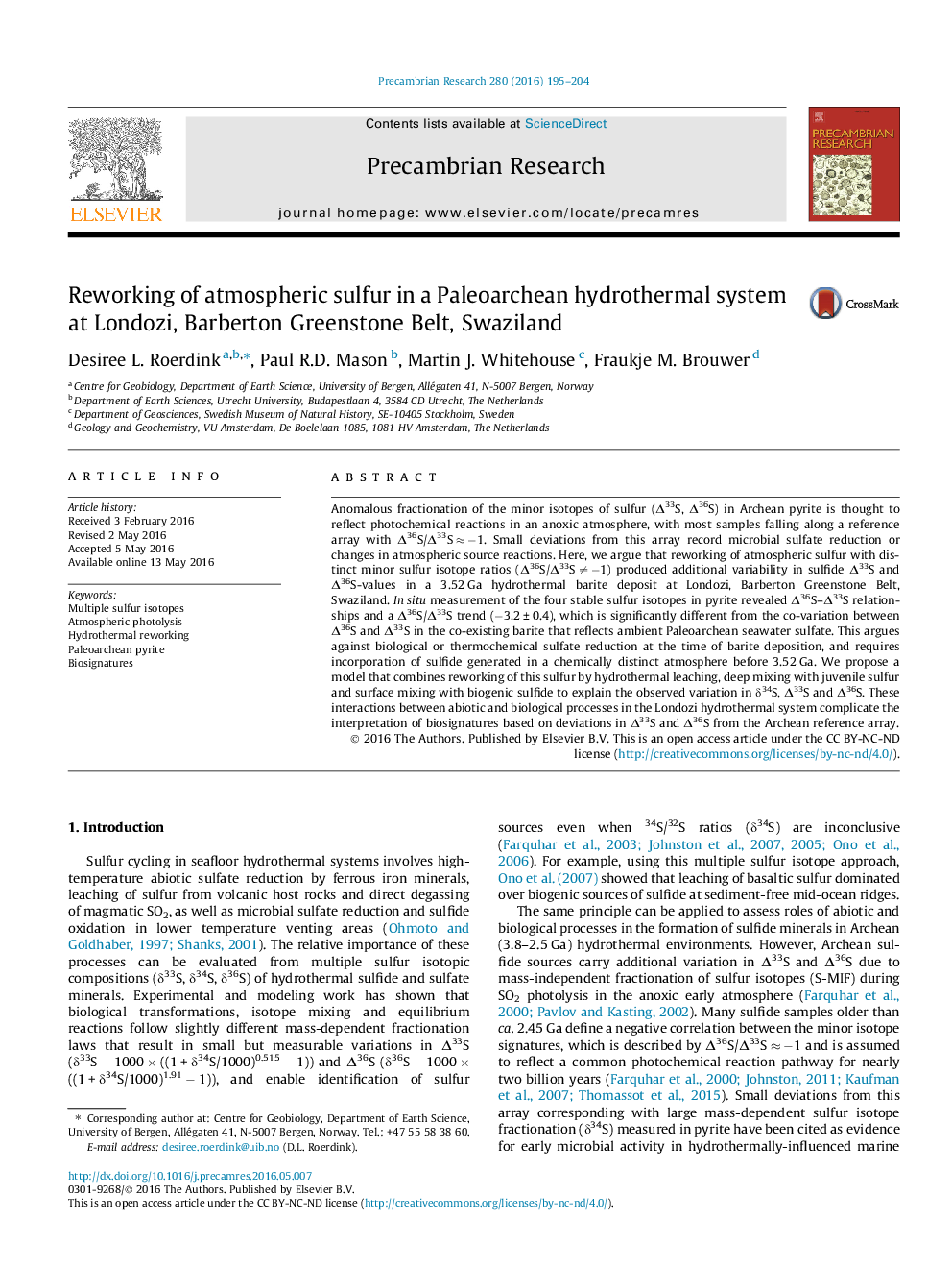 Reworking of atmospheric sulfur in a Paleoarchean hydrothermal system at Londozi, Barberton Greenstone Belt, Swaziland